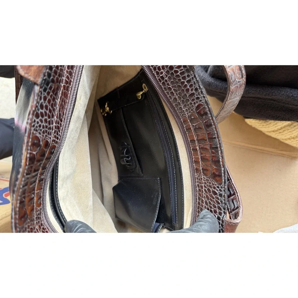 Brahmin Black‎ Brown Leather Tote Bag Croc Embossed Shoulder Purse